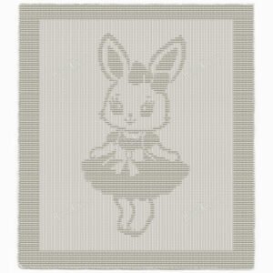 Bunny Girl in Dress Blanket Knitting Pattern showing a textured silhouette of a standing bunny girl in a flared dress with long ears, on a solid single-colour blanket with a garter stitch border, worked in one colour, 172 stitches x 266 rows.