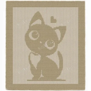 Cute Cat Baby Blanket Knitting Pattern showing a textured silhouette of a sitting cat with a little heart beside it, on a solid single-color blanket with a garter stitch border, worked in one color, 172 stitches x 266 rows.