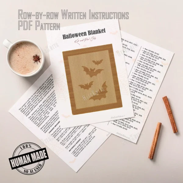 Halloween Bats Blanket Knitting Pattern showing a textured silhouette of flying spooky bats inside a framed border, on a solid single-color blanket, worked in one color, 182 stitches x 322 rows.