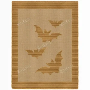 Halloween Bats Blanket Knitting Pattern showing a textured silhouette of flying spooky bats inside a framed border, on a solid single-color blanket, worked in one color, 182 stitches x 322 rows.