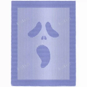 Ghost Face Halloween Blanket Knitting Pattern showing a textured silhouette of a spooky ghost face scream mask, on a solid single-color blanket with a garter stitch border, worked in one color, 182 stitches x 322 rows.
