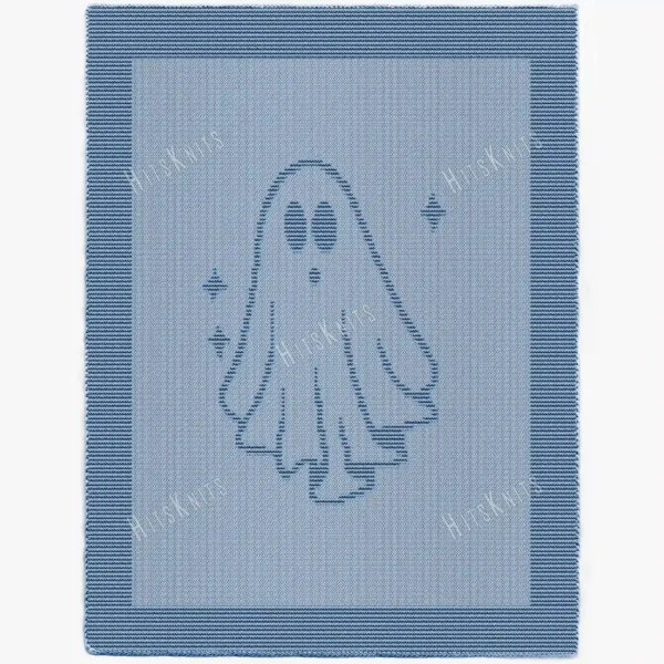 Halloween Ghost Blanket Knitting Pattern showing a textured silhouette of a floating spooky ghost with a wavy hem, on a solid single-color blanket with a garter stitch border, worked in one color, 182 stitches x 322 rows.