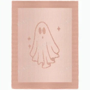 Halloween Ghost Blanket Knitting Pattern showing a textured silhouette of a floating spooky ghost with a wavy hem, on a solid single-color blanket with a garter stitch border, worked in one color, 182 stitches x 322 rows.