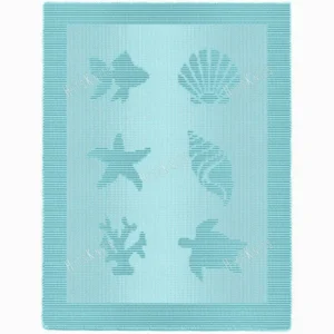 Coastal Sea Blanket Knitting Pattern showing a textured silhouette of a scallop shell, conch shells, a starfish, coral, a fish and a sea turtle, on a solid single-color blanket with a garter stitch border, worked in one color, 182 stitches x 322 rows.