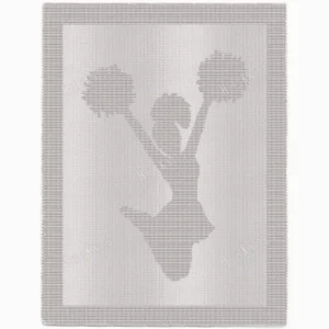 Cheerleader Jump Blanket Knitting Pattern showing a textured silhouette of a cheerleader mid-jump with arms raised and a pom-pom in each hand, on a solid single-color blanket with a garter stitch border, worked in one color, 220 stitches x 396 rows.