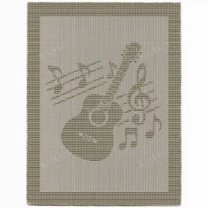 Guitar and Music Blanket Knitting Pattern showing a textured silhouette of a classical guitar, treble clef, and musical notes, on a solid single-color blanket with a garter stitch border, worked in one color, 220 stitches x 396 rows.