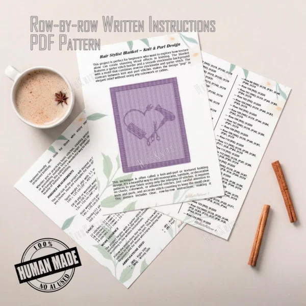 Hair Stylist Heart Blanket Knitting Pattern showing a textured silhouette of a hair dryer, comb, and scissors forming a heart, on a solid single-color blanket with a garter stitch border, worked in one color, 220 stitches x 396 rows.