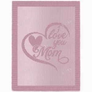I Love You Mom Blanket Knitting Pattern showing a textured silhouette of the words I love you Mom in script inside a heart, on a solid single-color blanket with a garter stitch border, worked in one color, 220 stitches x 396 rows.