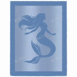 Ocean Mermaid Knit and Purl Blanket Pattern showing a textured silhouette of a mermaid with long flowing hair and a curving tail, on a solid single-color blanket with a garter stitch border, worked in one color, 220 stitches x 396 rows.