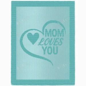 Mom Loves You Heart Blanket Knitting Pattern showing a textured silhouette of the words MOM LOVES YOU beside a heart, on a solid single-color blanket with a garter stitch border, worked in one color, 220 stitches x 396 rows.