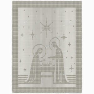 Christmas Nativity Blanket Knitting Pattern showing a textured silhouette of two parents bowed over a newborn beneath a bright shining star and smaller stars, on a solid single-colour blanket with a garter stitch border, worked in one colour, 220 stitches x 396 rows.