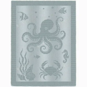 Octopus Blanket Knitting Pattern showing a textured silhouette of an octopus with a large crab, small fish, shells and swaying seaweed, on a solid single-color blanket with a garter stitch border, 220 stitches x 396 rows.