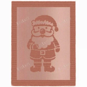 Christmas Santa Blanket Knitting Pattern showing a full-height textured silhouette of Santa Claus with a pom-pom hat, big beard, round belly with a belt, and boots, on a solid single-colour blanket with a garter stitch border, worked in one color, 220 stitches x 396 rows.