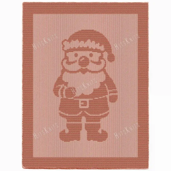 Christmas Santa Blanket Knitting Pattern showing a full-height textured silhouette of Santa Claus with a pom-pom hat, big beard, round belly with a belt, and boots, on a solid single-colour blanket with a garter stitch border, worked in one color, 220 stitches x 396 rows.