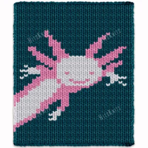 Axolotl Blanket Finger Knitting Pattern - a pink axolotl (Mexican walking fish) with feathery gills on a petrol field, worked in stockinette colorwork intarsia with 3 colors: Petrol, Pink, Soft Pink.