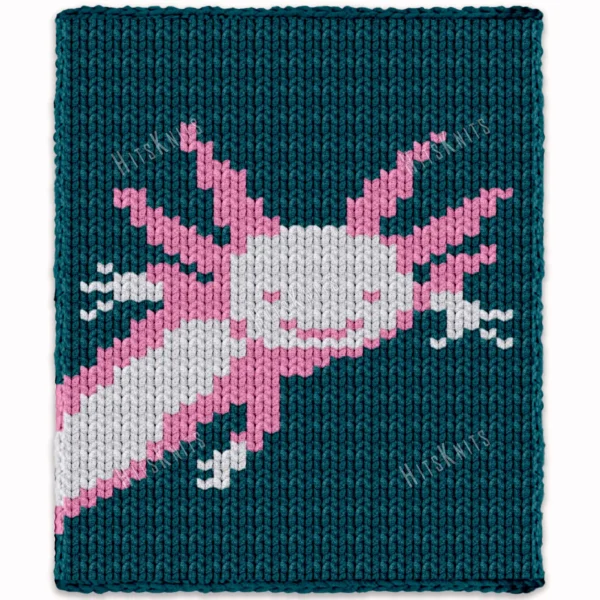 Axolotl Blanket Finger Knitting Pattern - a pink axolotl (Mexican walking fish) with feathery gills on a petrol field, worked in stockinette colorwork intarsia with 3 colors: Petrol, Pink, Soft Pink.