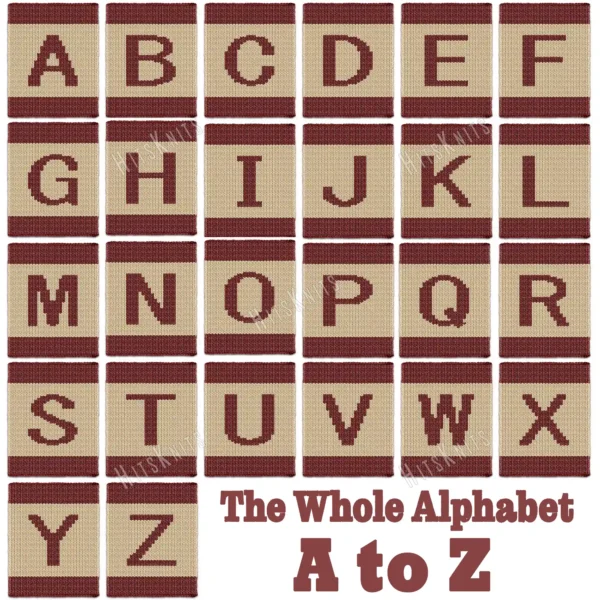 Alphabet Letter Finger Knitting Pattern - a bold burgundy letter on a cream field with burgundy stripes top and bottom, worked in stockinette colorwork intarsia with 2 colors: Burgundy, Cream.