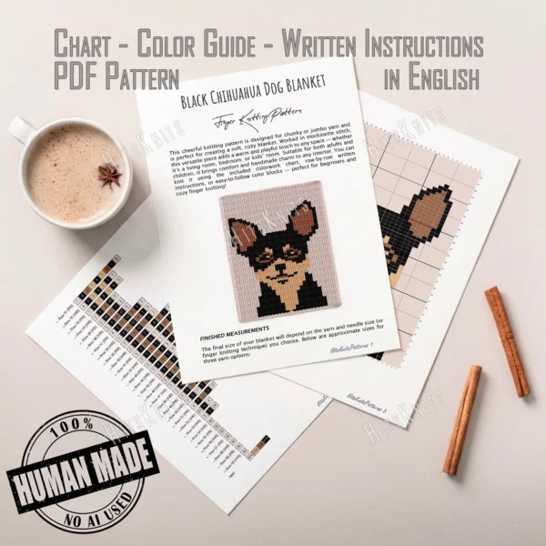 Chihuahua Finger Knit Blanket Pattern - a black and tan chihuahua face with large pointed ears, caramel inner ears, black mask and beige muzzle, on an ivory background, 4-color colorwork graphghan.