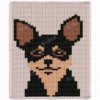 Chihuahua Finger Knit Blanket Pattern - a black and tan chihuahua face with large pointed ears, caramel inner ears, black mask and beige muzzle, on an ivory background, 4-color colorwork graphghan.