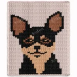 Chihuahua Finger Knit Blanket Pattern - a black and tan chihuahua face with large pointed ears, caramel inner ears, black mask and beige muzzle, on an ivory background, 4-color colorwork graphghan.