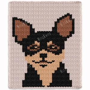 Chihuahua Finger Knit Blanket Pattern - a black and tan chihuahua face with large pointed ears, caramel inner ears, black mask and beige muzzle, on an ivory background, 4-color colorwork graphghan.