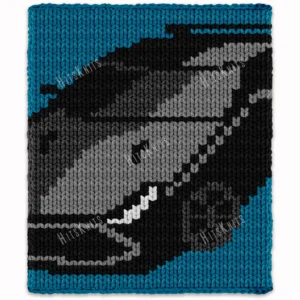 Nissan GT-R Finger Blanket Knitting Pattern - black sports car shimmering in silver on a black field with teal border, 5-color colorwork.