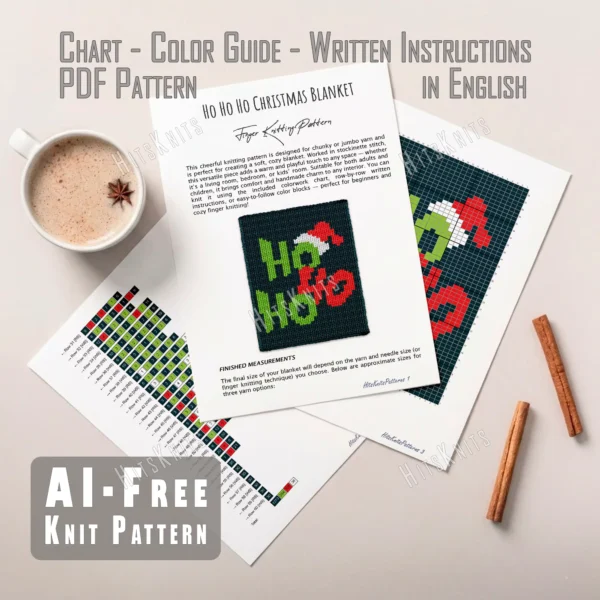Ho Ho Ho Christmas Finger Knitting Pattern - green HO HO HO lettering and a red Santa hat with white trim on a deep petrol background, festive and cheerful, worked in stockinette colorwork intarsia with 4 colors: Petrol, Green, Red, and White.