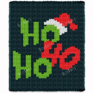 Ho Ho Ho Christmas Finger Knitting Pattern - green HO HO HO lettering and a red Santa hat with white trim on a deep petrol background, festive and cheerful, worked in stockinette colorwork intarsia with 4 colors: Petrol, Green, Red, and White.