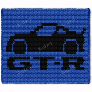 GTR Sports Car Finger Knit Blanket Pattern - black side silhouette of a Skyline GTR with GTR lettering below on a blue field, 2-color colorwork.