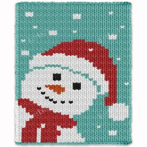 Xmas Snowman Finger Knit Blanket Pattern - a close-up snowman face with a red Christmas hat, red scarf, black coal eyes and smile, and an orange carrot nose, on a spa blue background with white snowflakes, worked in stockinette colorwork intarsia with 5 colors: Spa Blue, White, Red, Black, Carrot.