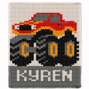 Monster Truck KYREN Chunky Blanket Pattern - a bold red-orange monster truck on big black wheels with gray windows, and the name KYREN in tall ivory letters along the bottom, worked in stockinette colorwork intarsia with 5 colors: Ivory, Gray, Black, Red, Yellow.