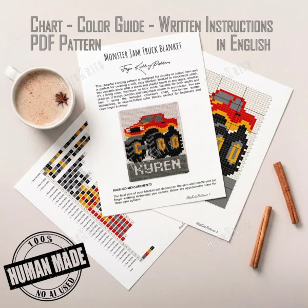 Monster Truck KYREN Chunky Blanket Pattern - a bold red-orange monster truck on big black wheels with gray windows, and the name KYREN in tall ivory letters along the bottom, worked in stockinette colorwork intarsia with 5 colors: Ivory, Gray, Black, Red, Yellow.