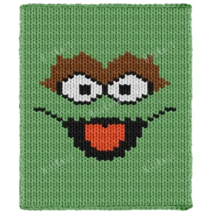 Oscar the Grouch Finger Knit Throw Pattern - grinning green grouch face with shaggy brown brows, big white googly eyes, and a wide black mouth with a red tongue, worked in stockinette colorwork intarsia with 5 colors: Green, Black, Brown, White, Red.