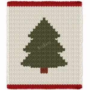 Christmas Tree Finger Knit Blanket Pattern - a classic green pine tree with a small brown trunk on an ivory background, framed by a red stripe at the top and bottom, cozy holiday mood, worked in stockinette colorwork intarsia with 4 colors: Ivory, Green, Red, Brown.