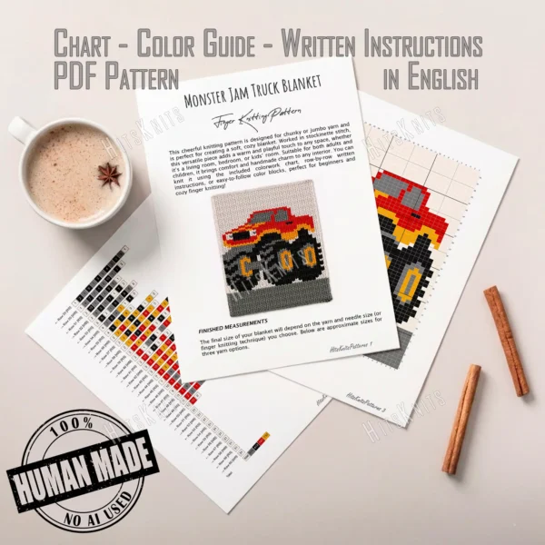 Monster Jam Truck Chunky Blanket Pattern - a bold red monster truck with smoky gray windows, yellow headlights, and three oversized black wheels on a gray track, worked in stockinette colorwork intarsia with 5 colors: Ivory, Gray, Black, Red, Yellow.