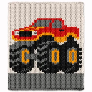 Monster Jam Truck Chunky Blanket Pattern - a bold red monster truck with smoky gray windows, yellow headlights, and three oversized black wheels on a gray track, worked in stockinette colorwork intarsia with 5 colors: Ivory, Gray, Black, Red, Yellow.