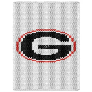 Georgia Bulldogs Chunky Blanket Knit Pattern showing a bold black block letter G inside a red oval outline on a white background, worked in stockinette colorwork with 3 colors: White, Red, and Black.