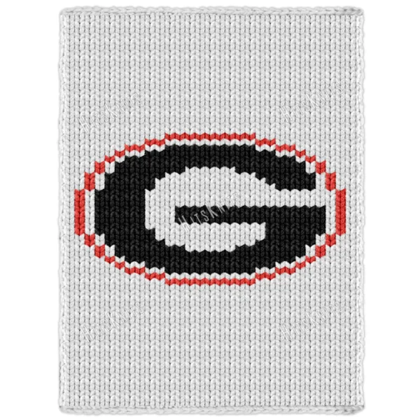Georgia Bulldogs Chunky Blanket Knit Pattern showing a bold black block letter G inside a red oval outline on a white background, worked in stockinette colorwork with 3 colors: White, Red, and Black.
