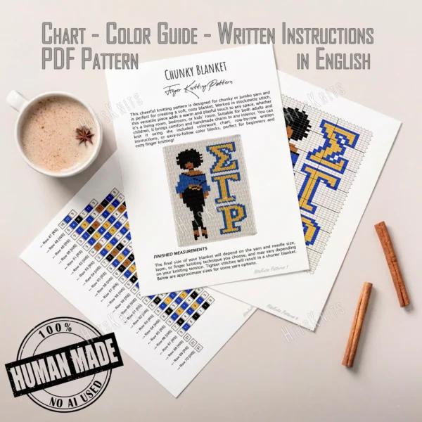 Sigma Gamma Rho Lady Finger Knit Blanket, a standing Black woman with an afro, red lip, blue blouse, black pants and heels beside the greek letters Sigma Gamma Rho, worked in stockinette colorwork intarsia with 6 colors: Ivory, Blue, Black, Gold, Camel, and Red.