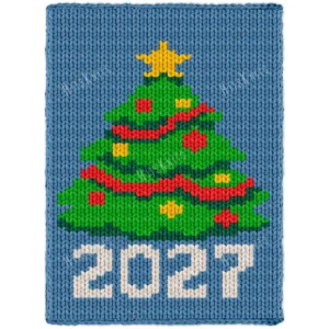 2027 Christmas Tree Finger Knit Blanket - a decorated lime and forest green Christmas tree with red garland, red and gold baubles and a gold star on top, on a deep blue background, with 2027 in white numbers at the bottom, worked in stockinette colorwork intarsia with 6 colors: Blue, Lime, Forest, White, Red, Gold.