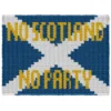 Scotland Flag Finger Knit Blanket Pattern - white Saltire cross on a blue field with the No Scotland No Party slogan in gold, worked in stockinette colorwork with 3 colors: Blue, White, and Gold.