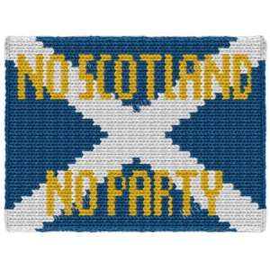 Scotland Flag Finger Knit Blanket Pattern - white Saltire cross on a blue field with the No Scotland No Party slogan in gold, worked in stockinette colorwork with 3 colors: Blue, White, and Gold.