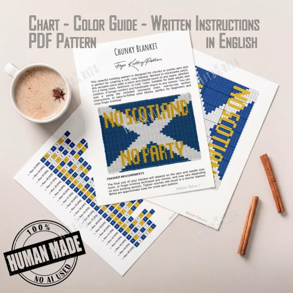 Scotland Flag Finger Knit Blanket Pattern - white Saltire cross on a blue field with the No Scotland No Party slogan in gold, worked in stockinette colorwork with 3 colors: Blue, White, and Gold.