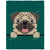 Pug Finger Knit Blanket Pattern - a tan pug face in cream and brown with dark eyes, black nose and pink tongue, paws over a ledge, on a teal background, 6-color colorwork graphghan.