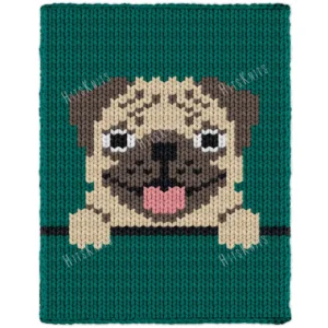 Pug Finger Knit Blanket Pattern - a tan pug face in cream and brown with dark eyes, black nose and pink tongue, paws over a ledge, on a teal background, 6-color colorwork graphghan.