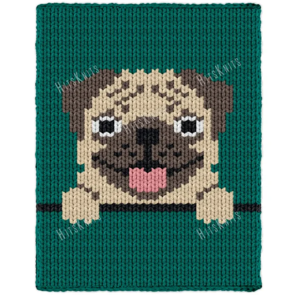 Pug Finger Knit Blanket Pattern - a tan pug face in cream and brown with dark eyes, black nose and pink tongue, paws over a ledge, on a teal background, 6-color colorwork graphghan.