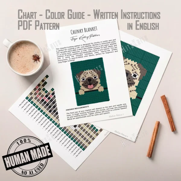 Pug Finger Knit Blanket Pattern - a tan pug face in cream and brown with dark eyes, black nose and pink tongue, paws over a ledge, on a teal background, 6-color colorwork graphghan.