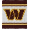 Washington Commanders Finger Blanket Pattern showing a bold burgundy letter W with a bright gold outline on a white field, framed by burgundy and gold stripes along the top and bottom, worked in stockinette colorwork with 3 colors: Burgundy, White, and Gold.