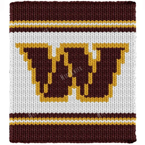 Washington Commanders Finger Blanket Pattern showing a bold burgundy letter W with a bright gold outline on a white field, framed by burgundy and gold stripes along the top and bottom, worked in stockinette colorwork with 3 colors: Burgundy, White, and Gold.