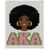 AKA Sorority Finger Knit Blanket Pattern, Alpha Kappa Alpha portrait of a Black woman with an afro and gold hoop earrings above AKA in pink and green, worked in stockinette colorwork intarsia with 6 colors: White, Black, Pink, Lime, Brown, Gold.
